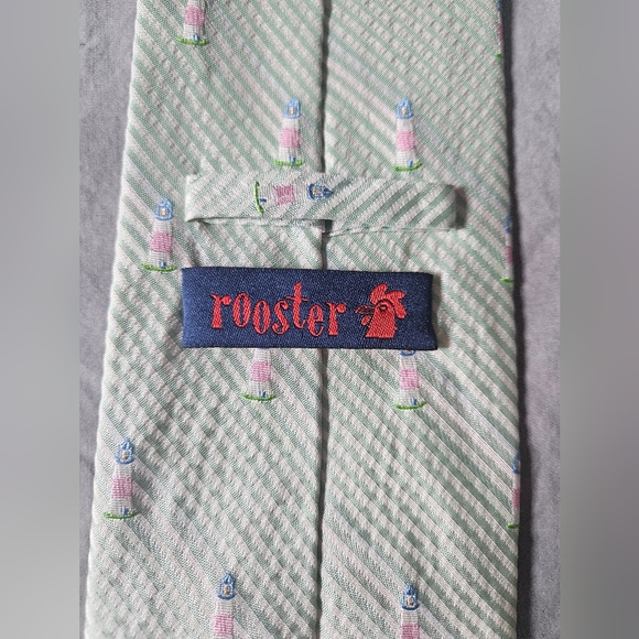 NWOT ROOSTER Seersucker Lighthouse Pastel Striped 100% Silk Tie - Picture 8 of 10